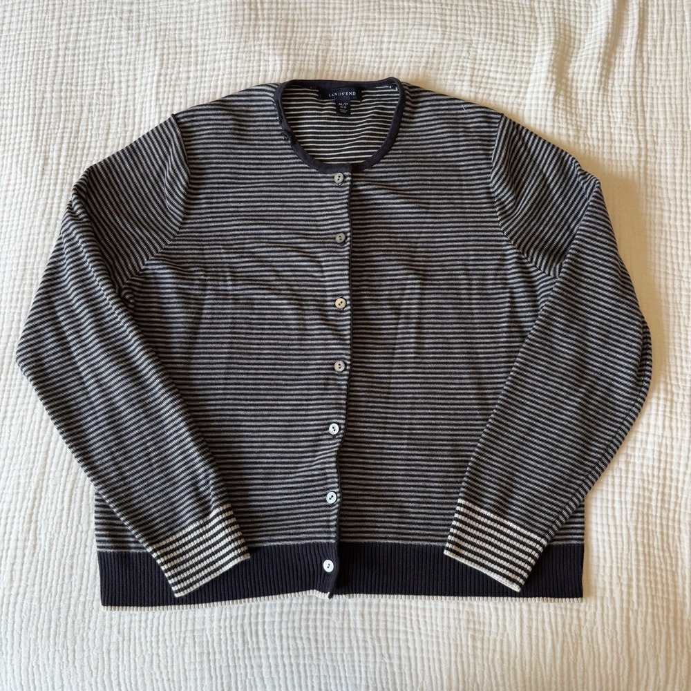 Lands End Womens Nautical Striped Cardigan MP Black White Supima Cotton Preppy